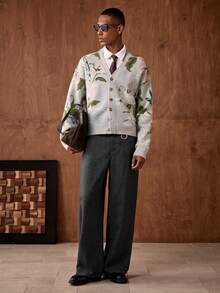 AKNOTIC Business Casual 男士V领长袖花卉提花休闲开衫毛衣 - 淺灰色 - 查看 6