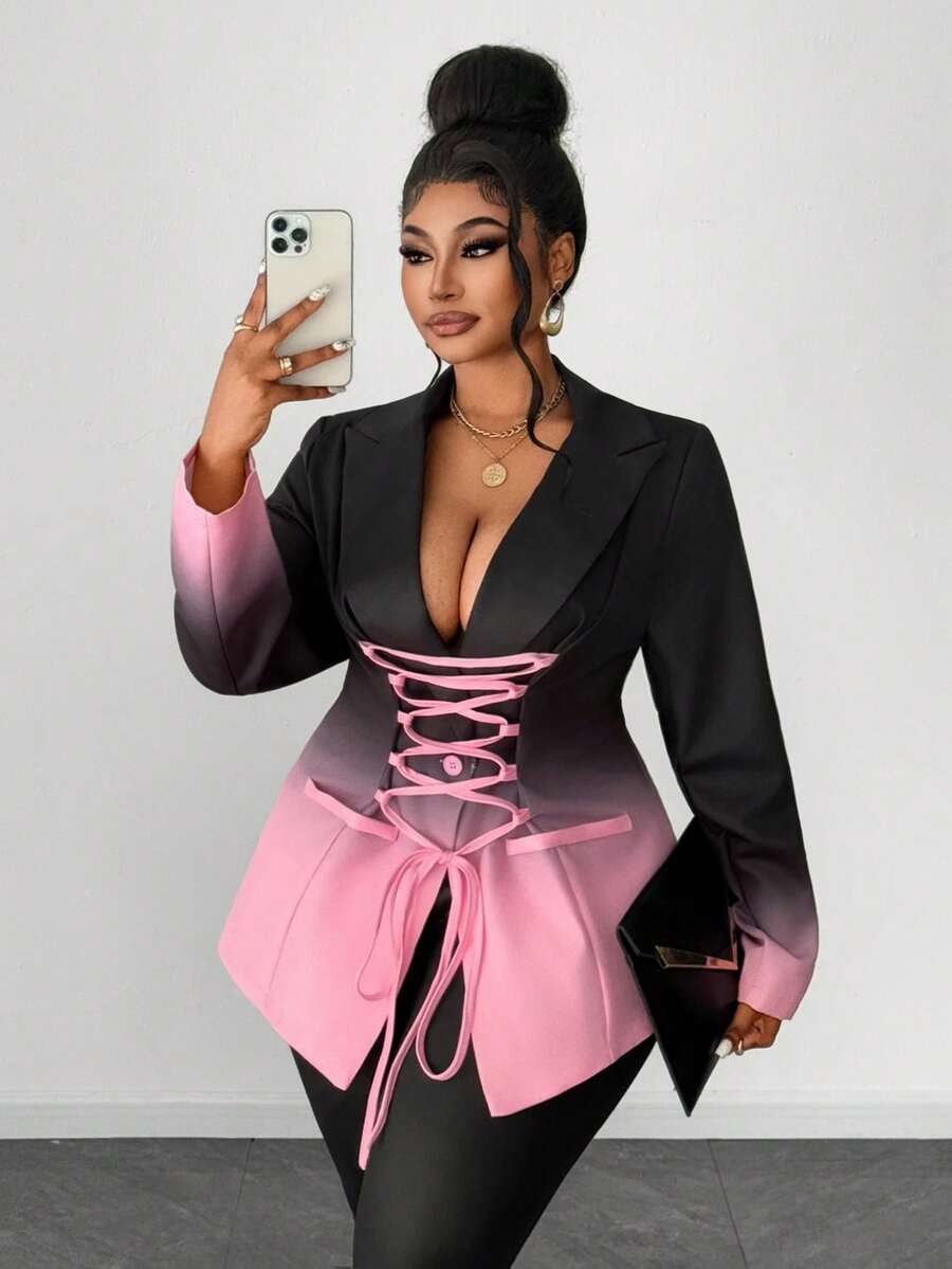 Maweii 大码女士商务通勤套装，系带设计，成熟迷人 - 彩色 - 查看 1