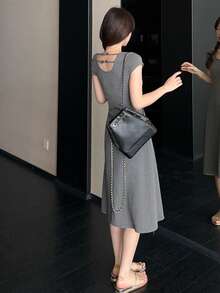 DAZY Women's Solid Color Round Neck Short Sleeve Dress Maxi Dress Sundress - Grey - View 1
