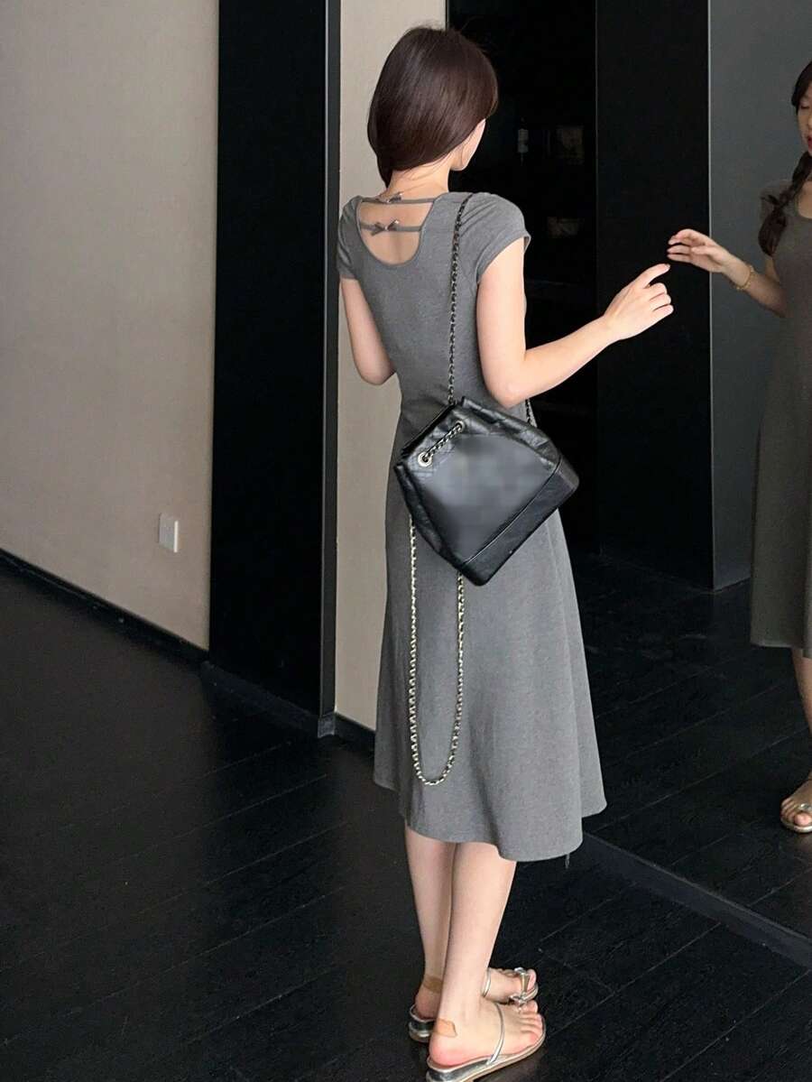 DAZY Women's Solid Color Round Neck Short Sleeve Dress Maxi Dress Sundress - Grey - View 1