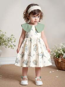 Playful Pals 女婴无袖印花连衣裙，适合休闲穿着、居家和户外玩耍，春夏款 - 淺綠色 - 查看 4