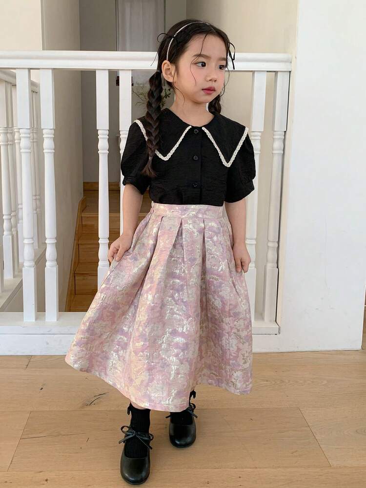 Young Girl' Cute Peter Pan Collar Short Sleeve Blouse, Summer Spring