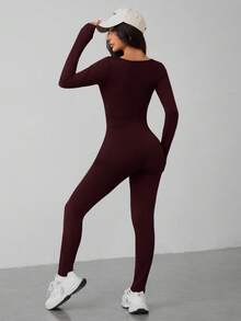 SHEIN PETITE Spring Scoop Neck Black Long Sleeve Bodysuit Jumpsuit - Red Violet - View 2