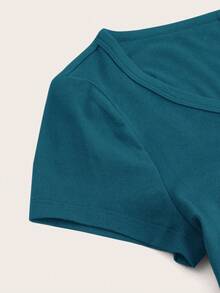 SHEIN EZwear Áo thun nữ màu đen dáng ôm, cổ tròn, tay raglan, kiểu dáng tối giản, thường ngày. - màu xanh lá - Xem 4