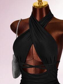 Amplova Women's Fashionable Sexy Halter Backless Mini Dress  Summer Dress Spring Outfit Women Valentine's Day Beach Dress Party Dress Wedding Guest Dress For Women Elegant Dresses For Women Vacation Outfits Women Hollow Out Top Criss Cross Dress Black See Through Top Black Sexy Tops Black Mesh Top - Black - View 1