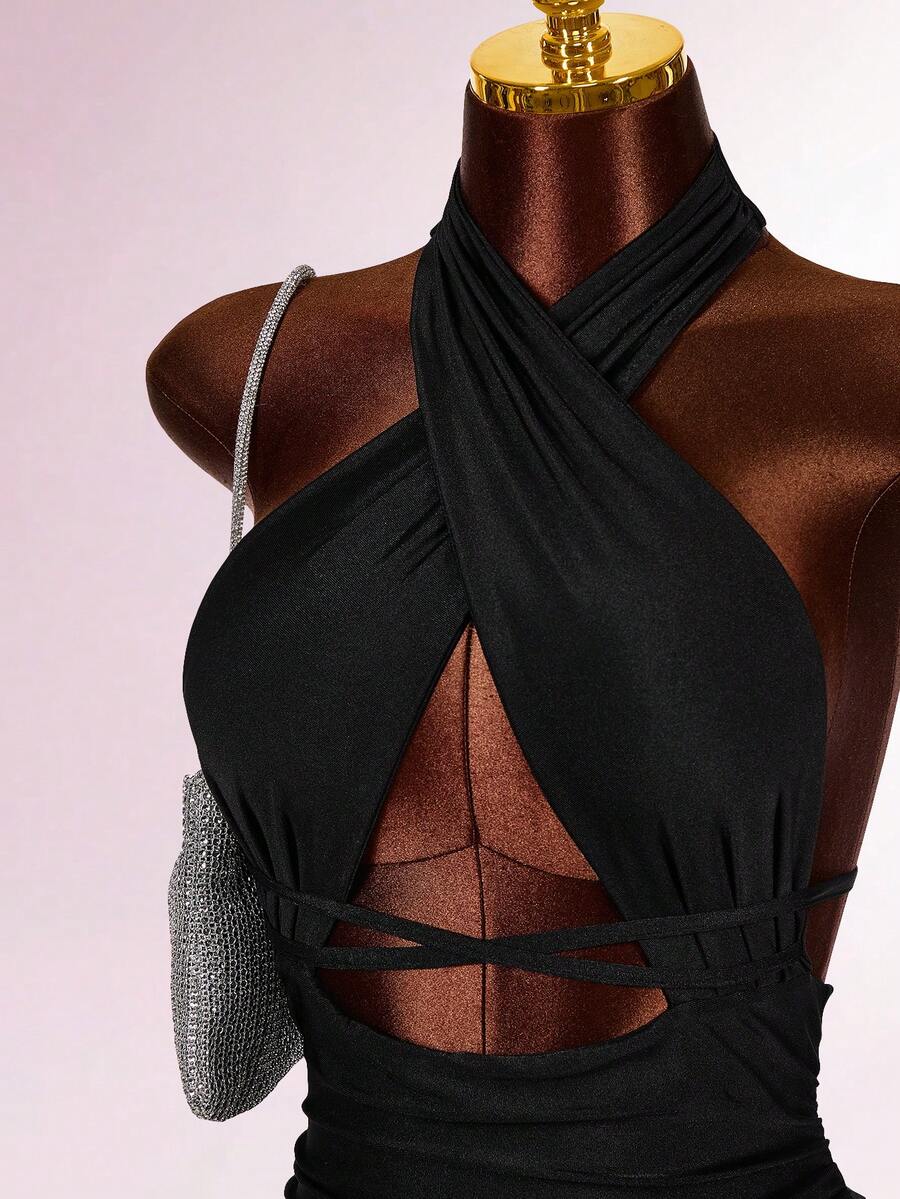 Amplova Women's Fashionable Sexy Halter Backless Mini Dress  Summer Dress Spring Outfit Women Valentine's Day Beach Dress Party Dress Wedding Guest Dress For Women Elegant Dresses For Women Vacation Outfits Women Hollow Out Top Criss Cross Dress Black See Through Top Black Sexy Tops Black Mesh Top - Black - View 1