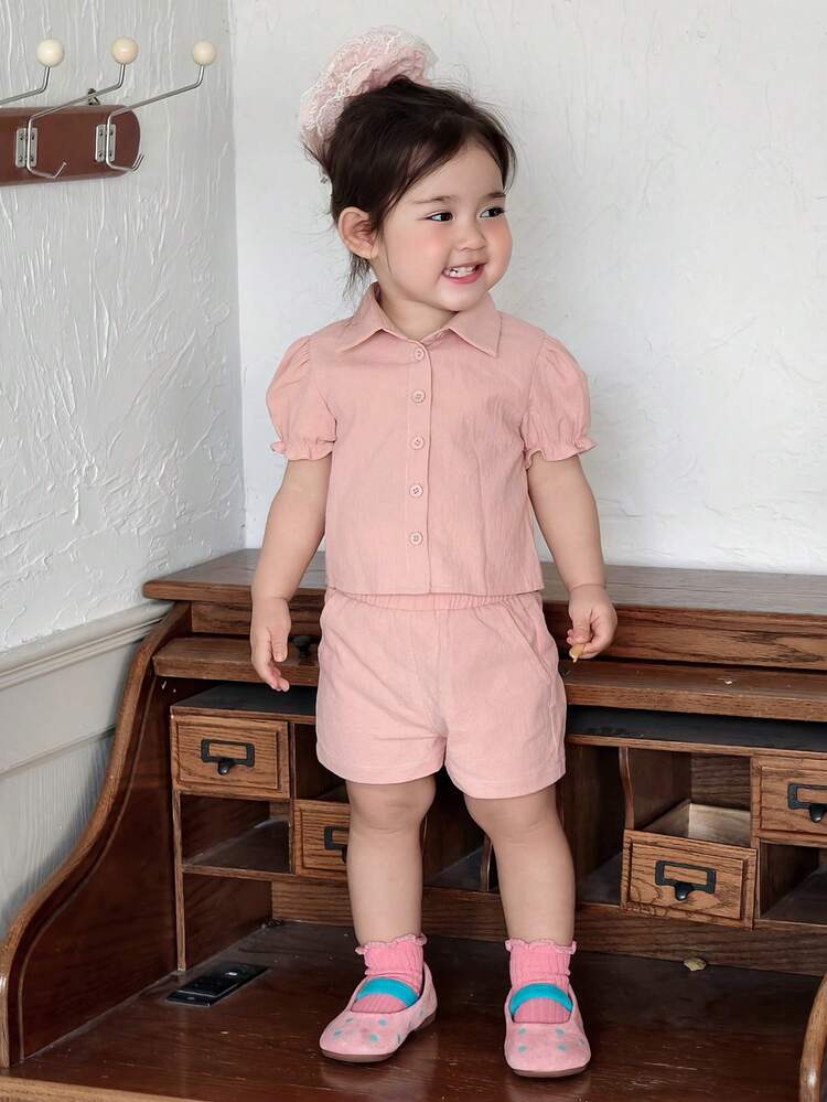 2pcs/Set Toddler Girls' Collared Solid Color Korean Style Pink Short Sleeve Ruffle Hem Shirt And Shorts Set