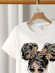 Sparklyn 2pcs/Set Tween Girls Cartoon Character Print Short Sleeve T-Shirt And Bell Bottom Pants Outfit