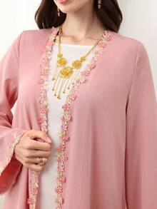 Yasmyna Women's Elegant Floral Lace Cloud Print Long Sleeve Arabic Abaya Robe, Spring/Summer - Pink - View 1