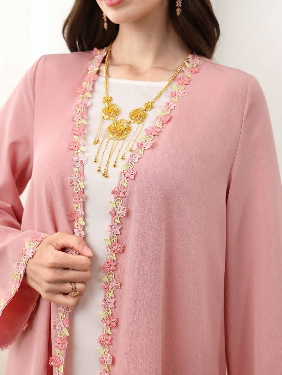 Yasmyna Women's Elegant Floral Lace Cloud Print Long Sleeve Arabic Abaya Robe, Spring/Summer - Pink - View 1