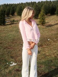 Sydney Algeri Sudadera con capucha con cremallera, volante de encaje en contraste, manga larga, para la escuela - Rosa - Ver 3