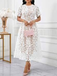 SHEIN Lady 女士优雅水溶蕾丝透视短袖连衣裙，夏季 - 彩色 - 查看 1