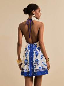 SHEIN Veneréa Women's Summer Beach Bohemian Blue & White Floral Parrot Print V-Neck Sleeveless Backless Strap Vacation Coverup Dress - Multicolor - View 2