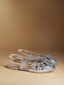 Rosivie Giày sandal đế bằng nữ, quai đan màu vàng, mũi kín. - Kim loại bạc - Xem 3