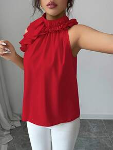 Balvessa Women's Solid Color Ruffle Pleated Halter Neck Blouse, Intellectual And Elegant - Red - View 3