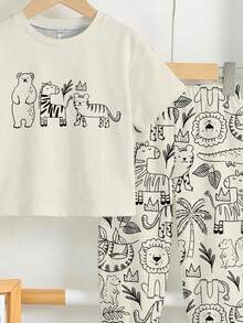 SHEIN 2 pièces/Set T-shirt à manches courtes ample et confortable et pantalon pour bébé garçon, convient pour le printemps/été. Imprimés mignons et classiques d'animaux de la bande dessinée comme zèbre, tigre, ours brun, lion, écureuil, hippopotame, éléphant - Multicolore - Voir 6