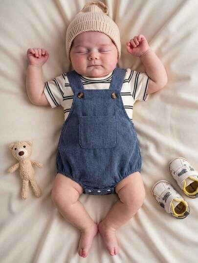 Newborn Black & White Striped Crew Neck Short Sleeve Pullover Top & Blue Corduroy Bodysuit Set, Suitable For Home, Casual, Birthday Party, Newborn Baby Overalls Baby Boy Overall Set Baby Boy Shorts Set Baby Boy Overalls Neutral Baby Clothes Unisex Baby Clothes Baby New Born Clothes Baby Boy Romper Baby Boy Outfits