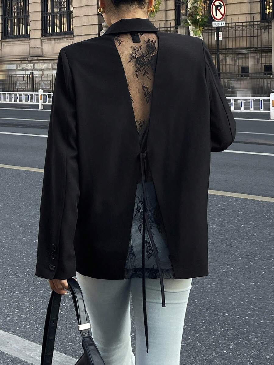 DAZY 女士时尚蕾丝拼接双排扣西装外套，春秋季