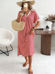 Ceyna 大码条纹针织休闲度假迷你连衣裙，春夏女士度假连衣裙，夏季钩针连衣裙，钩针罩衫连衣裙，带袖夏季连衣裙，夏季休闲连衣裙，条纹图案连衣裙，夏季条纹连衣裙，红色条纹连衣裙，针织条纹连衣裙，休闲夏季连衣裙，女士假日连衣裙，女士度假套装，条纹连衣裙，女士红白连衣裙 - 紅色 - 查看 8