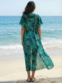 Swim Vcay Summer Beach Tropical Print Drawstring Waist Kimono