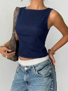 Aloruh Damski jednokolorowy, modny, skrócony top z okrągłym dekoltem i odkrytymi plecami, bez rękawów i z odkrytymi plecami - Niebieski - Zobacz 4
