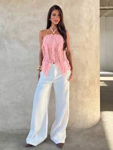 Aloruh 女士夏季新款荷叶边吊带背心，优雅多层荷叶边装饰挂脖系带修身吊带背心 - 黃色 - 查看 6