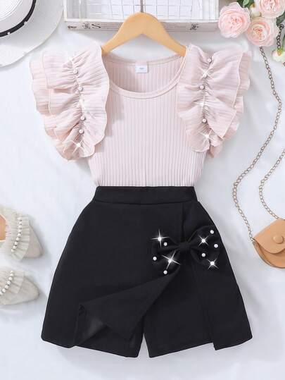 2pcs/Set Tween GirlsRibbed Sleeveless Pearl Ruffle Trim Top And Solid Bow Skort, Casual Summer Outfit Adolescent Girl Clothes Set Falda Teen Girl Skirt Set Teen Summer Girl Clothes 2 Piece