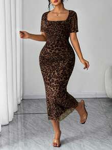 Elenzga Plus Size Leopard Print Short Sleeve Bodycon Dress, Slimming Fit, Versatile For Daily Wear, Spring/Summer - Multicolor - View 3