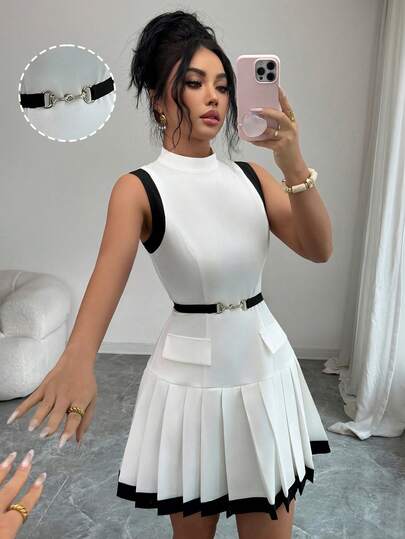 Elenzga Women's Woven Fabric Mock Neck Colorblock Sleeveless Cinched Waist Waist A-Line Dress With Pockets, Elegant Fashion Business Casual Vintage Outfit For Spring/Summer