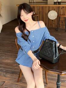 DAZY Women's Plaid Off-Shoulder Long Sleeve Girly Blouse - Blue - View 5