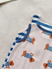 Vintaside Kids Baby Boys Cute Sleeveless Round Neck Short Romper Set With Striped And Dog Print Contrast Piping - Multicolor - View 6