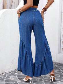 SHEIN Holidaya Quần jeans ống loe màu trơn, có bèo nhún thắt nút ở gấu quần. - Màu xanh lam - Xem 2