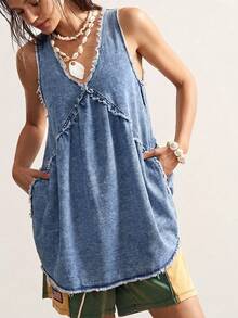 Bohemela 大码纯色极简无袖牛仔连衣裙 - 淺色水洗藍 - 查看 5