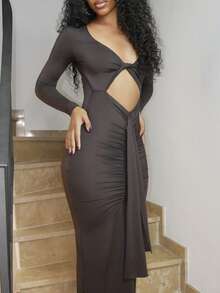 Yess Loren 镂空长袖褶饰长裙假日度假夏季婚礼宾客生日海滩伊比沙岛秋季夜出婚礼宾客、优雅、约会之夜、圣诞节