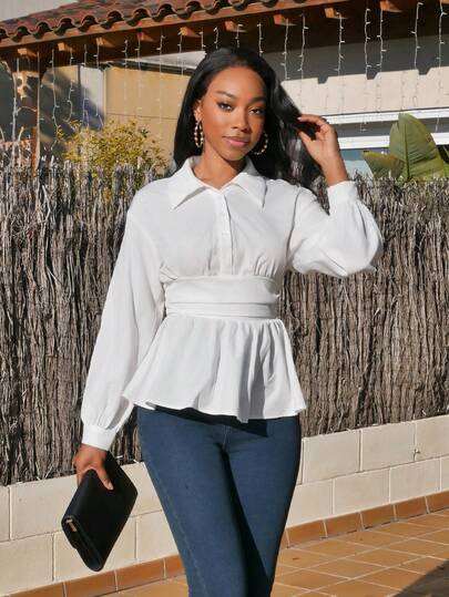 Yess Loren Women's Turn-Down Collar Long Sleeve Ruched Ruffle Hem White Blouse,White Women Blouses,Button Up Women Shirt,Long Sleeve Women Shirts,White Button Up Shirt, Festival Shirt,Professional Clothes,Business Casual Women