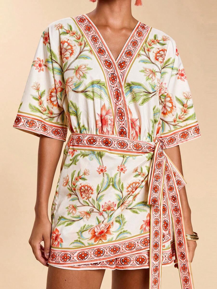 SHEIN TRVLCHIC 女士碎花短袖侧系带连体裤 - 粉色 - 查看 1