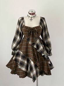 Sunspun 格子拼接蝴蝶结腰带极简长袖连衣裙 - 棕色 - 查看 3