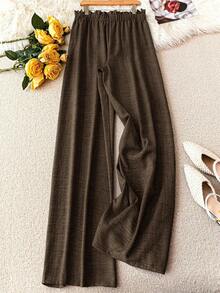 SHEIN PETITE Women's Elegant Casual Brown Floral Lace Bow Tie Waist Slim Fit Wide Leg Pants, Spring/Summer - Brown - View 2