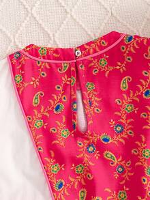 SHEIN 女童休闲撞色印花拼接夏季连衣裙 - 玫紅色 - 查看 8