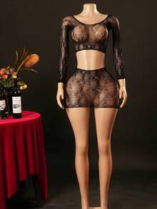 2pcs Women's Sexy Hollow Out Sheer Mesh Lingerie Set - Black - View 5