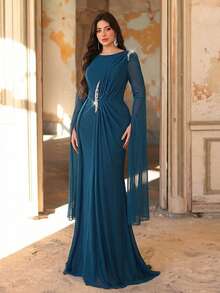 Aureia 大码优雅浪漫朦胧蓝圆领雪纺泡泡袖针织水钻装饰鱼尾拖尾连衣裙，适合婚礼、派对、庆典、正式晚礼服（精致设计） - 霧霾藍 - 查看 3