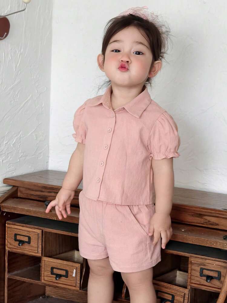 2pcs/Set Toddler Girls' Collared Solid Color Korean Style Pink Short Sleeve Ruffle Hem Shirt And Shorts Set