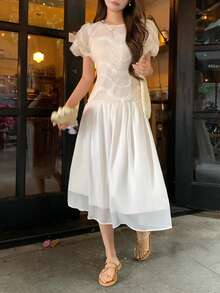 DAZY Women's Round Neck Textured Korean-Style Midi Party Dress - White - View 2