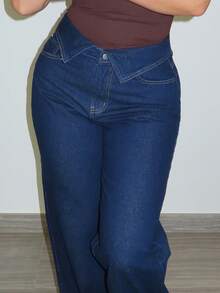 MDEdit 女式翻边腰阔腿宽松休闲牛仔裤 - 深色水洗藍 - 查看 3