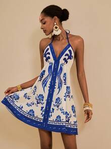 SHEIN Veneréa Women's Summer Beach Bohemian Blue & White Floral Parrot Print V-Neck Sleeveless Backless Strap Vacation Coverup Dress - Multicolor - View 6