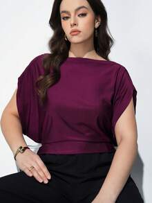 Maija 大码蝙蝠袖修身短袖上衣，优雅复古风，浪漫时尚，百搭；舒适、时尚、优雅、休闲，简约日常必备，纯色，适合假日休闲，得体，单身女士，优雅时尚商务休闲外套 - 酒紅色 - 查看 6