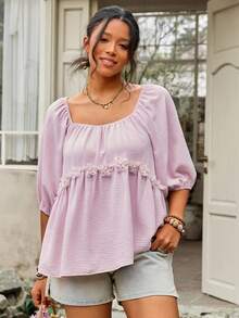 Freevana 大码女装夏季休闲度假荷叶边心形领泡泡袖碎花装饰娃娃衫乡村可爱衬衫粉色上衣节日夏季上衣情人节方领上衣薰衣草色衬衫浅紫色上衣碎花贴花上衣 - 藕粉色 - 查看 6