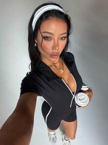 Dewbera Women's Seamless Yoga Short Sleeve Jumpsuit - Black - View 6