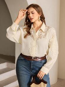 Roveilla 女士优雅法式休闲/通勤/度假浪漫高端下午茶衬衫，蕾丝领，胸前镂空，刺绣袖子，亚麻质感面料，长袖 - 杏色 - 查看 6