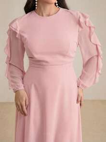 Modelyn Long Round Neck Ruffle Sleeve Black Dress - Pink - View 4